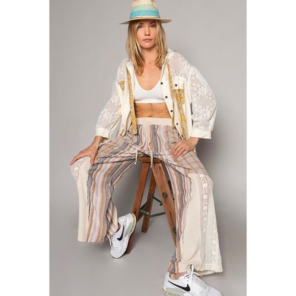 POL Natural Tan Washed Cotton Plaid with Stripes Lace Leg Pants - Picture 2 of 12